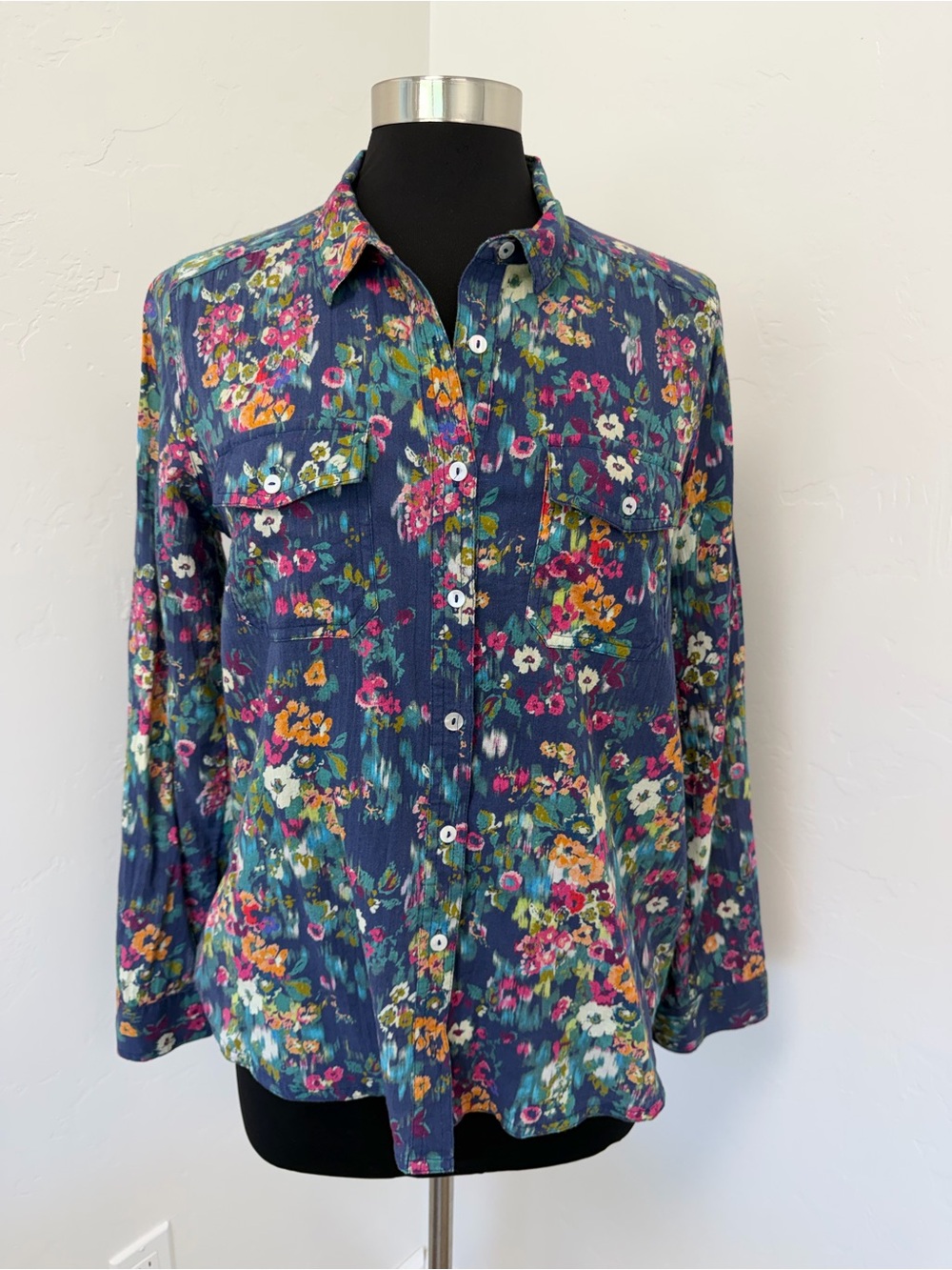 Sundance Catalog FLORAL JOY Navy Floral Button-Down Shirt Size M